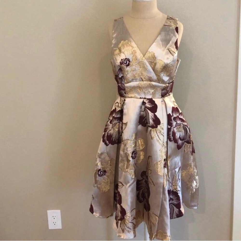 Liza Luxe Gold and Maroon Brocade Dress, S